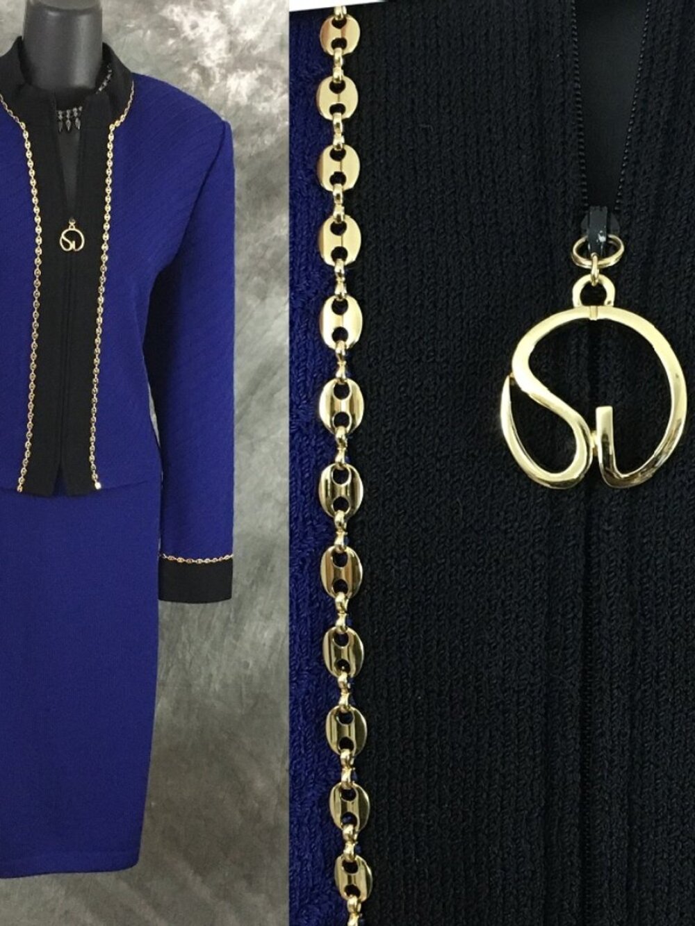 BEAUTIFUL St John collection knit blue black jacket skirt suit size 8